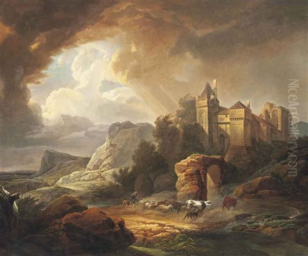 A Rocky River Landscape With A Castle And A Drover With His Herd Oil Painting by Philip James de Loutherbourg