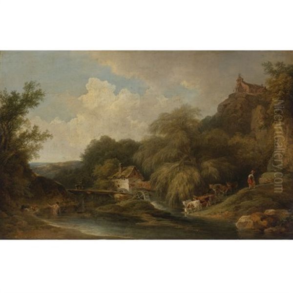 Watermill With Pond, Cows, Dogs And Figures Oil Painting by Philip James de Loutherbourg