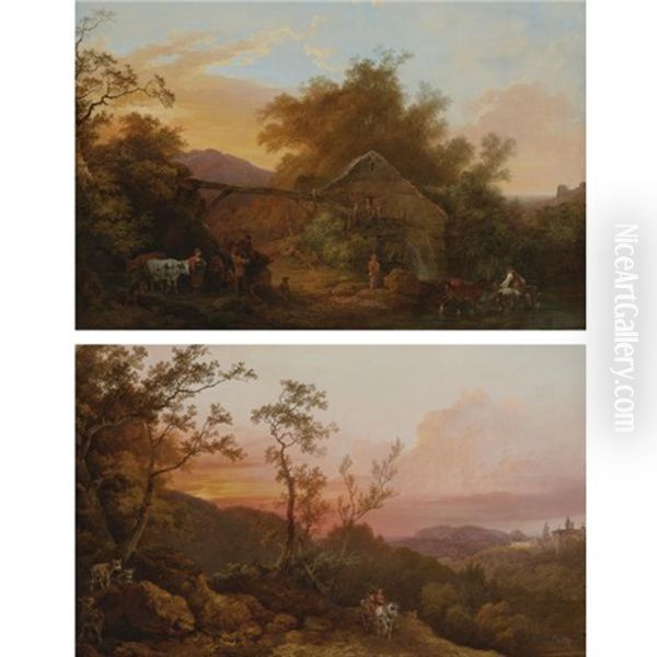 Landscape With A Watermill (+ Landscape With Travelers At Sunset; Pair) Oil Painting by Philip James de Loutherbourg