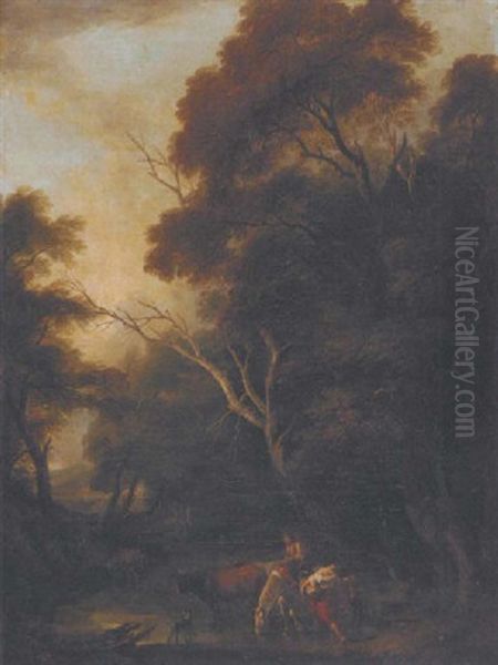 A Wooded Landscape With Droves At A Ford Oil Painting by Philip James de Loutherbourg