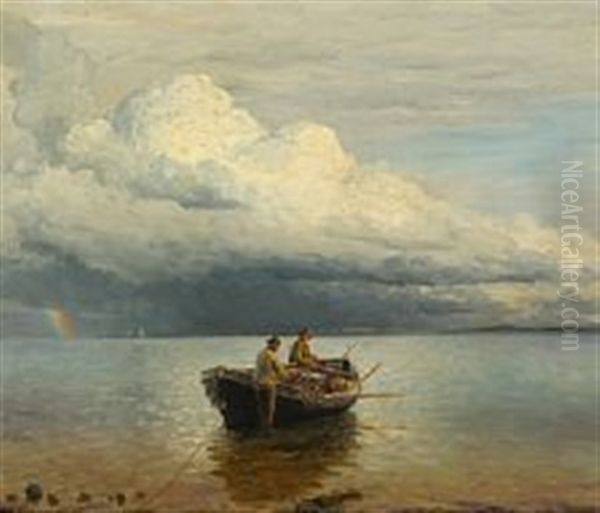Fishermen By Their Boat,  On The Horizon A Rainbow Oil Painting by Holger Luebbers