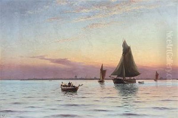 Sailing Boats With Copenhagen In The Background Oil Painting by Holger Luebbers
