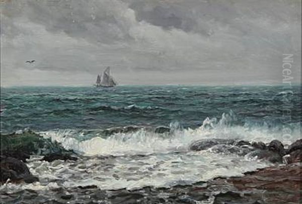 Waves With A Sailing Ship In The Horizon Oil Painting by Holger Luebbers