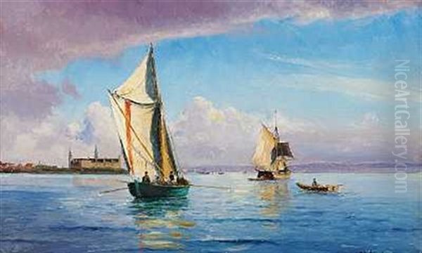 Sommerdag Pa Sundet I Baggrunden Kronborg Oil Painting by Holger Luebbers