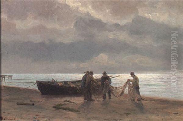 Fischer Mit Netz Und Boot Am Morgendlichen Strand Oil Painting by Holger Luebbers