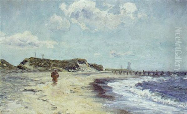 Kystparti Med Gaende Kone Pa Stranden Oil Painting by Holger Luebbers