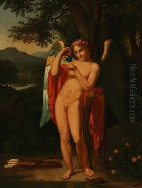 Amor With The Butterfly (after C. G. Kratzenstein Stub) Oil Painting by Carl Bernhard Luebschitz