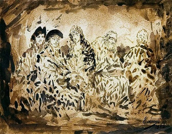 Dos Caballeros, Una Joven Con Mantilla, Un Anciano Y Un Personaje Oil Painting by Eugenio Lucas Velazquez