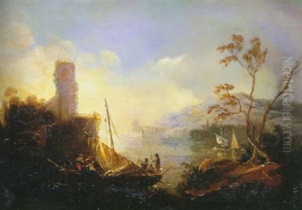 Paisaje Con Personajes Y Barcos Oil Painting by Eugenio Lucas Velazquez