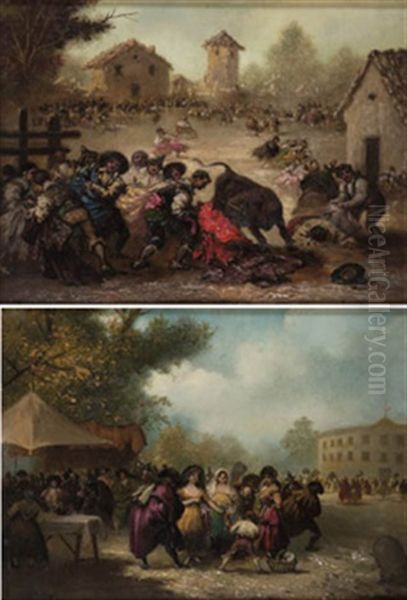 Encierro + Majas; Pair) Oil Painting by Eugenio Lucas Villamil