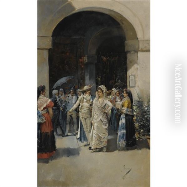 Salida De La Iglesia - After Mass Oil Painting by Eugenio Lucas Villamil
