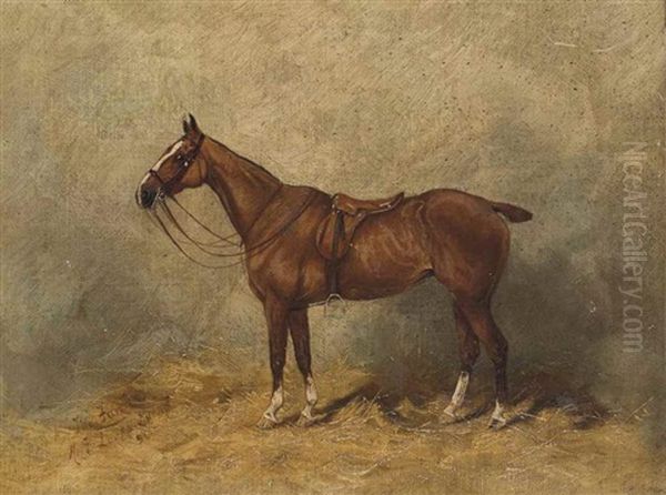 The Fawn, Hunter Alezan, Harnache Dans Son Box Oil Painting by Henry Frederick Lucas-Lucas