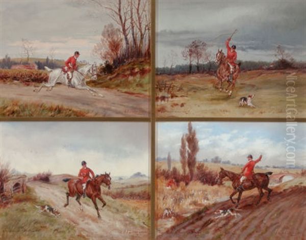 Hunting Sketches: Blood Wanted, Get Away Back There!, Bringing Up A Straggler, And The Reeds By The Old Canal (set Of 4) Oil Painting by Henry Frederick Lucas-Lucas