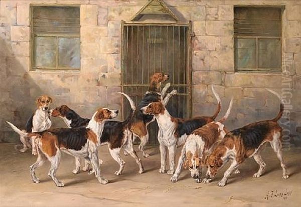 A Group Of Percy Hounds -"strangler", "finder", "rifleman", "gainer", "pluto", "doriment", "roman", "hotspur", "ren Oil Painting by Henry Frederick Lucas-Lucas