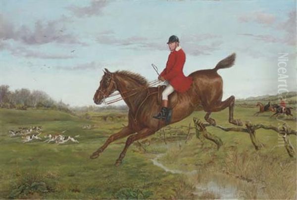 George Castleman On His Hunter "carlist", Jumping A Fence, With Hounds Of The Atherstone Hunt, "traitor", "purser" And "somerset" In The Distance Oil Painting by Henry Frederick Lucas-Lucas