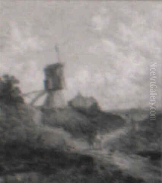 Country Folk Conversing On A Bridge, A Windmill And Town Beyond Oil Painting by Henry Frederick Lucas-Lucas