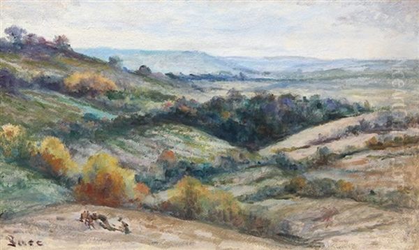 Still Life Of Pears And Apples On A Pewter Plate, A Bowl Of Grapes In A Blue And White Porcelain Bowl, A Roemer, A Facon-de-venise Wine Glass, A Covered Blue And White Porcelain Pitcher And Other Objects, All On A Table Oil Painting by Maximilien Luce