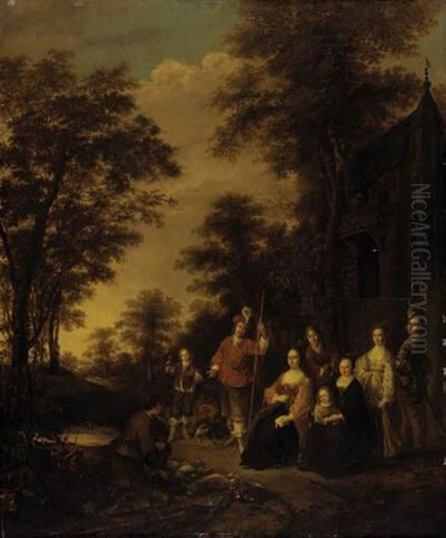 An Elegant Family In A Wooded Landscape Oil Painting by Gerrit Ludens