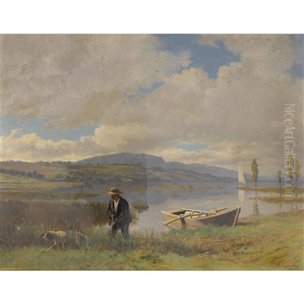 Jager Mit Hund Am See Oil Painting by Albert Lugardon