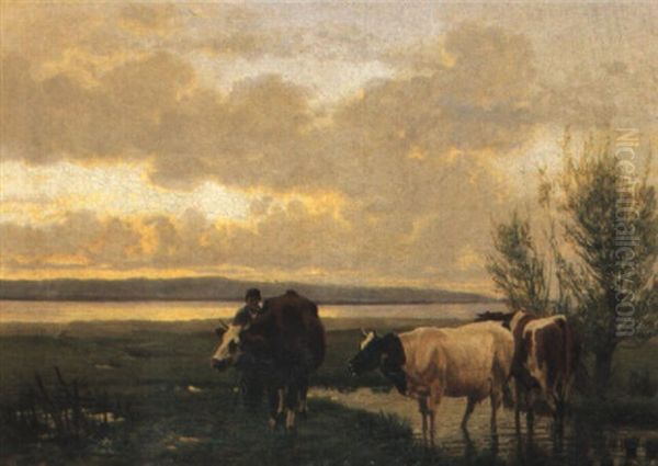 Hirtenknabe Mit Vieh Vor Seeufer Im Abendlicht Oil Painting by Albert Lugardon
