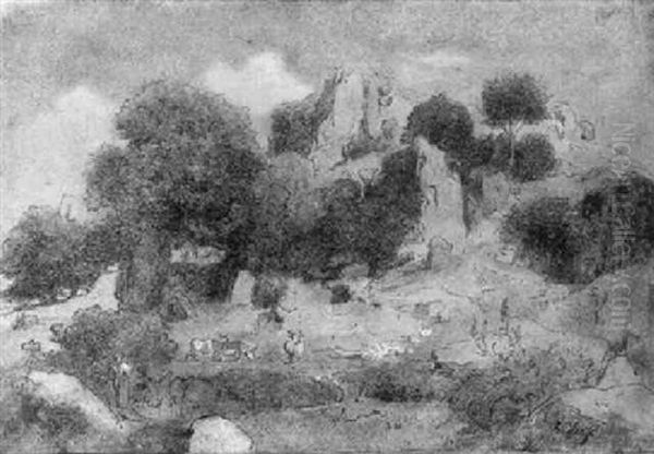 Arkadische Landschaft Mit Einer Hirtin Und Kuhen Oil Painting by Emil Lugo