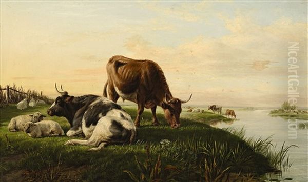 Kuhe Und Schafe Auf Der Weide Oil Painting by William Snr Luker