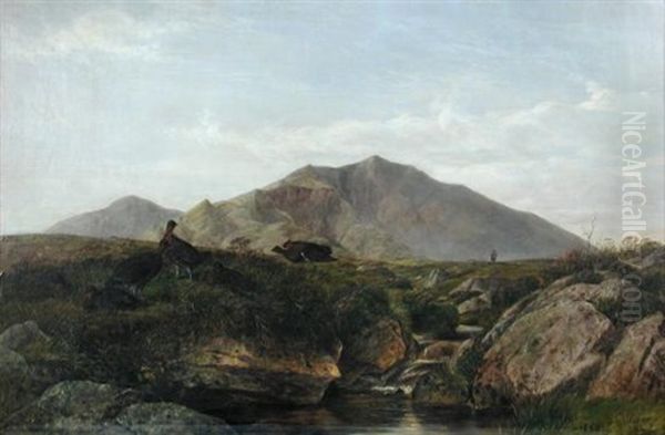 Grouse In A Watery Moorland Hollow Oil Painting by William Snr Luker