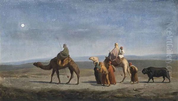 A Camel Train Crossing The Desert At Night Oil Painting by William Snr Luker