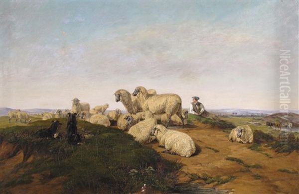 A Shepherd With His Flock And Two Dogs Oil Painting by William Snr Luker