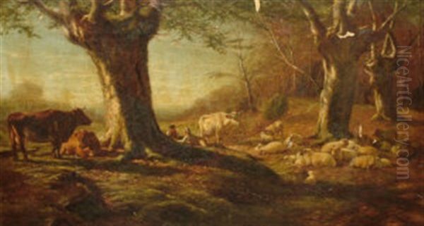 Drovers Resting In A Wooded Landscape Oil Painting by William Snr Luker