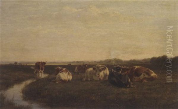 Cattle In A Watermeadow Oil Painting by William Snr Luker