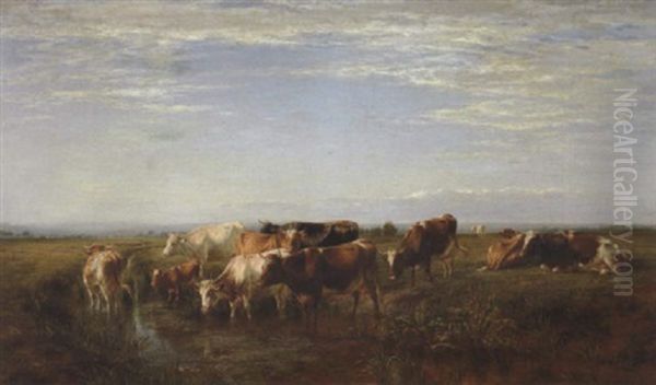 Troupeau S'abreuvant Dans Un Cours D'eau Sur Fond De Paysage Oil Painting by William Snr Luker