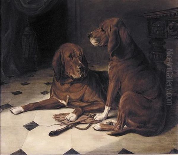 Two Hounds In A Great Hall Oil Painting by William Snr Luker