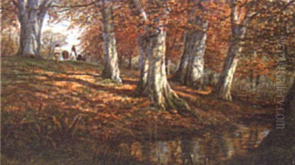 Figures In An Autumnal Landscape Oil Painting by William Snr Luker