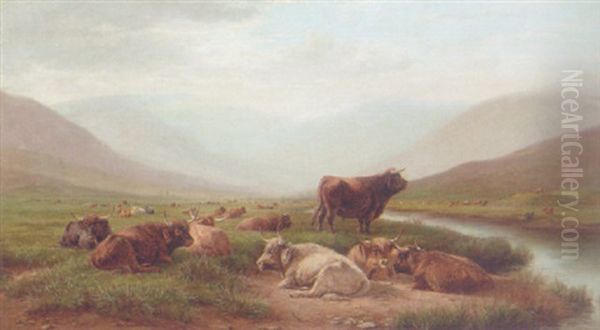 Highland Cattle Resting In A Mountainous Landscape Oil Painting by William Snr Luker