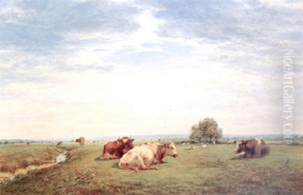 Cattle In A Water Meadow Oil Painting by William Snr Luker