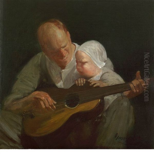 Man And Child With Guitar (portrait Of The Artist's Brother With His Son) Oil Painting by George Luks