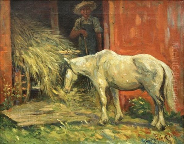 Barnyard Scene With Figure And Horse Oil Painting by George Luks