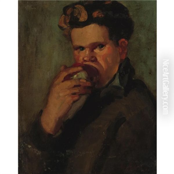 Snack-boy Eating Apple Oil Painting by George Luks