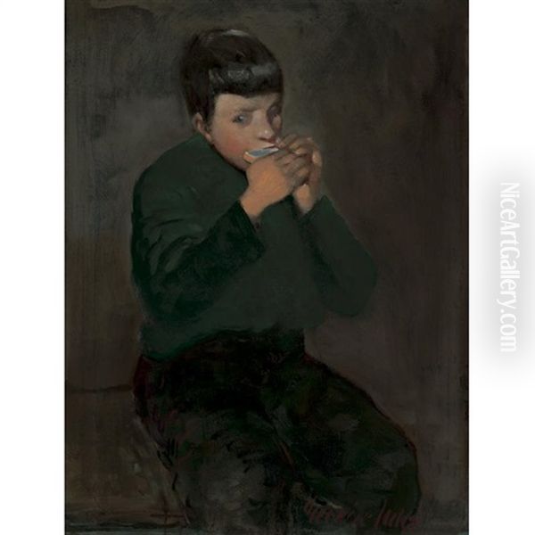 The Harmonica Player Oil Painting by George Luks