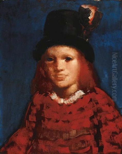 Little Girl In Top Hat Oil Painting by George Luks