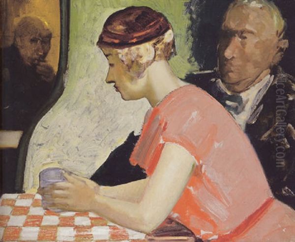 Cafe Scene -a Young Woman In A Pink Dress Oil Painting by George Luks