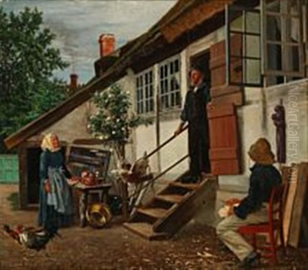 Different Chores Are Being Done In The Courtyard On A Summer's Day Oil Painting by Frederik Christian Lund