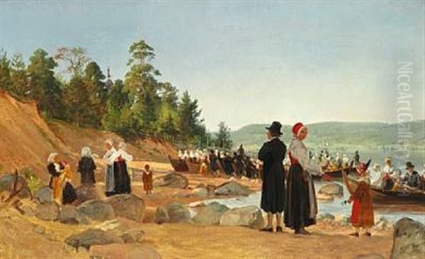 Swedish Churchgoers Arriving By Boat At The Lake Siljan Shore Heading For The Parish Church Of Leksand Oil Painting by Frederik Christian Lund