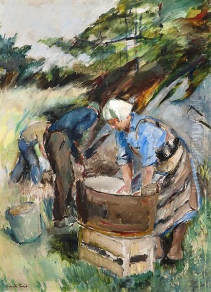 Gunbjor Washing Clothes Oil Painting by Henrik Lund