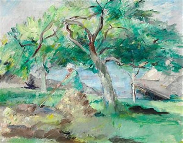 A Woman In A Garden By A Lake Oil Painting by Henrik Lund