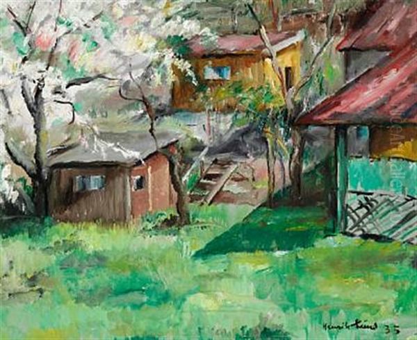 Garden Motif With Outhouses And Flowering Trees Oil Painting by Henrik Lund