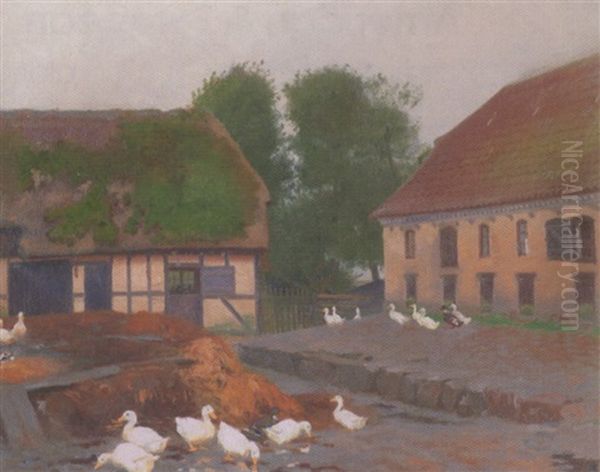 Farmyard With Ducks Oil Painting by Soren Jorgensen Lund