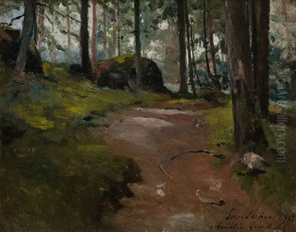 Forest Path In Purola Oil Painting by Amelie Lundahl