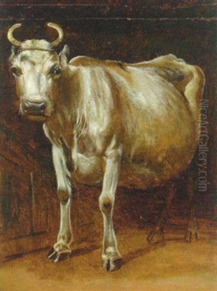 Staende Hvid Ko I En Stald Oil Painting by Johan Thomas Lundbye